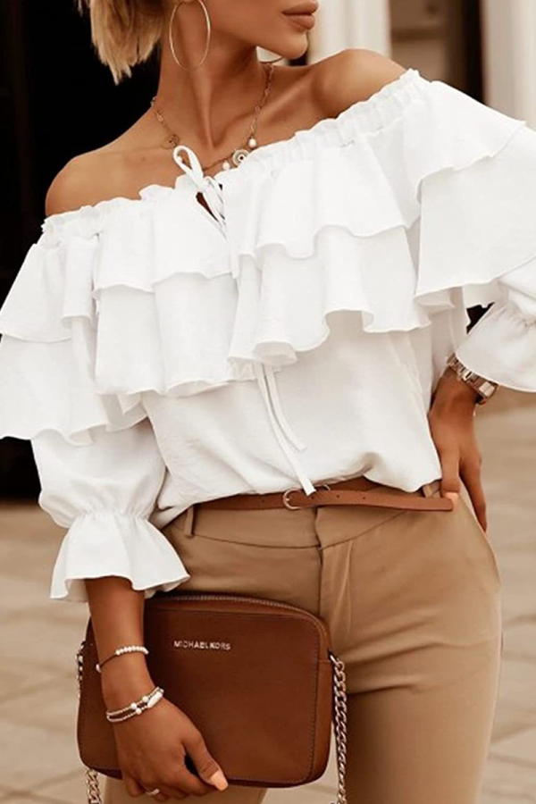 Fashion Solid Flounce Off the Shoulder Tops