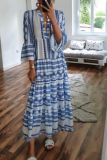Casual Print Patchwork V Neck Cake Skirt Dresses
