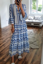 Casual Print Patchwork V Neck Cake Skirt Dresses