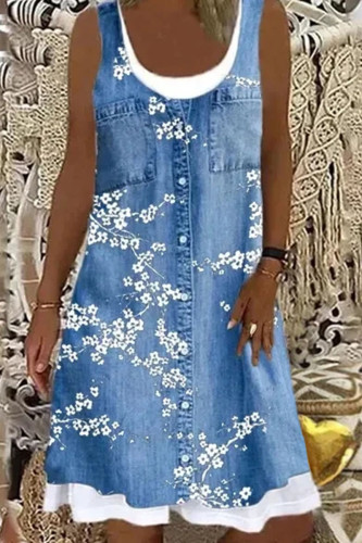 Fashion Street Print Patchwork O Neck A Line Dresses