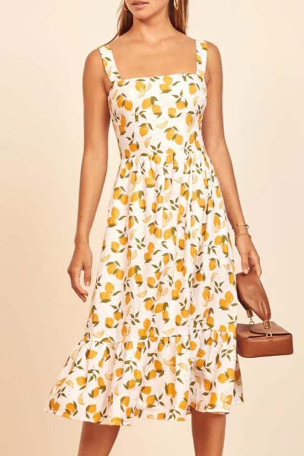 Elegant Print Patchwork Flounce Square Collar A Line Dresses