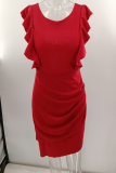 Sexy Solid Flounce O Neck Irregular Dress Dresses