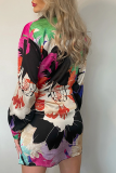 Fashion Print Patchwork Turndown Collar Waist Skirt Dresses