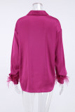Casual Solid Patchwork Buckle Feathers Turndown Collar Tops