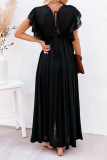 Casual Solid Patchwork V Neck Cake Skirt Dresses