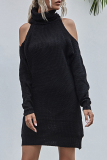Elegant Solid Patchwork Without Belt Turtleneck A Line Dresses