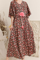 Celebrities Floral Patchwork With Belt V Neck A Line Dresses