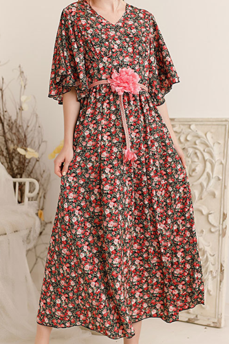 Celebrities Floral Patchwork With Belt V Neck A Line Dresses