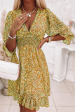 Casual Print Patchwork V Neck Waist Skirt Dresses