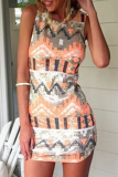 Fashion Print Patchwork O Neck Pencil Skirt Dresses