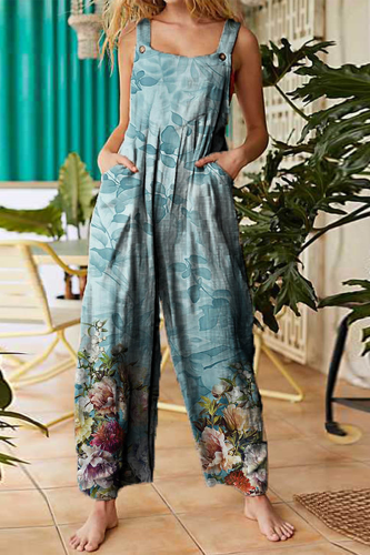 Casual Print Patchwork Square Collar Straight Jumpsuits
