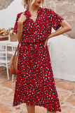 Casual Print Patchwork Turndown Collar Waist Skirt Dresses