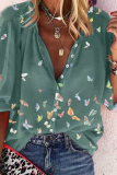 Casual Butterfly Print Buckle Turndown Collar Tops