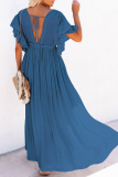 Casual Solid Patchwork V Neck Cake Skirt Dresses