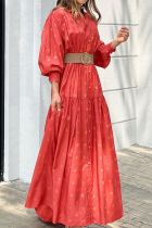 Casual Print Patchwork V Neck Cake Skirt Dresses