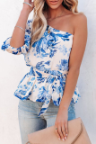 Casual Print Patchwork One Shoulder T-Shirts