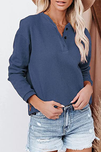 Casual Solid Patchwork Buckle O Neck Tops