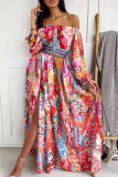 Fashion Print Patchwork Off the Shoulder Waist Skirt Dresses