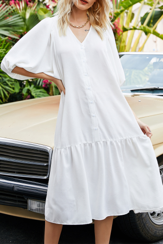 Casual Solid Patchwork Buckle V Neck A Line Dresses