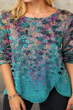 Floral Oil Painting Button Slit T Shirt