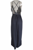Casual Solid Patchwork V Neck Waist Skirt Dresses