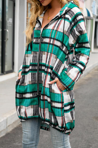 Fashion Casual Plaid Pocket Zipper Hooded Collar Outerwear
