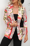 Elegant Print Patchwork Buttons Turndown Collar Outerwear