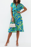Fashion Print Patchwork V Neck Cake Skirt Dresses