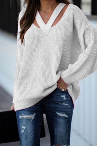 Casual Solid Hollowed Out Patchwork V Neck Tops