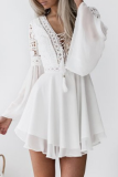 Elegant Solid Lace Hollowed Out Pocket V Neck Waist Skirt Dresses