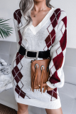 Casual Geometric Patchwork Contrast V Neck Dresses Sweater (Without Belt)