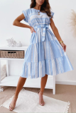 Casual Print Patchwork O Neck Waist Skirt Dresses