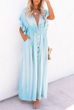 Casual Solid Patchwork V Neck Cake Skirt Dresses