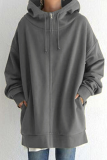 Casual Solid Draw String Pocket Zipper Hooded Collar Tops