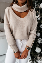 Fashion Elegant Solid Hollowed Out Patchwork Buttons Turtleneck Tops