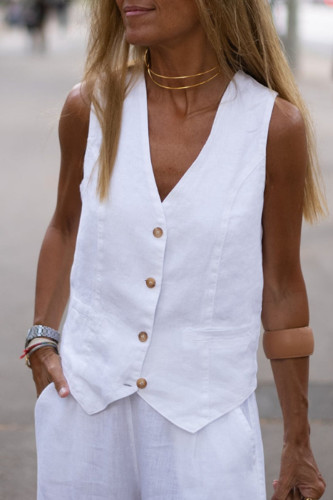 Casual Solid Patchwork Buttons Asymmetrical V Neck Tops