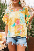 Casual Street Tie Dye Tassel Patchwork Square Collar T-Shirts
