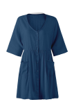 Casual Solid Pocket Buckle V Neck A Line Dresses