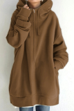 Casual Solid Draw String Pocket Zipper Hooded Collar Tops