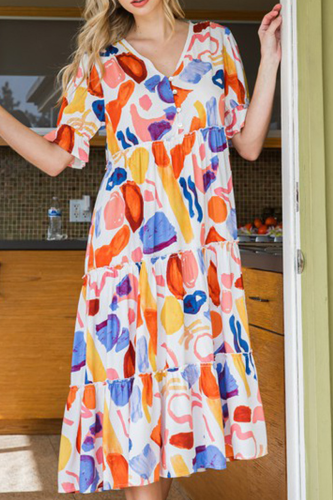 Fashion Print Patchwork V Neck Cake Skirt Dresses