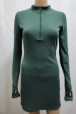 Fashion Street Solid Patchwork Zipper Collar Pencil Skirt Dresses