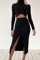 Fashion Casual Solid Patchwork Slit Turtleneck Long Sleeve Two Pieces