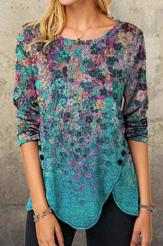 Floral Oil Painting Button Slit T Shirt