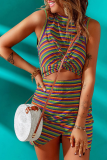 Fashion Striped Hollowed Out O Neck Pencil Skirt Dresses