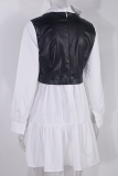 Elegant Patchwork Flounce Contrast Turndown Collar A Line Dresses