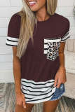 Casual Striped Leopard Patchwork Pocket O Neck T-Shirts