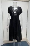 Casual Solid Buckle V Neck Waist Skirt Dresses