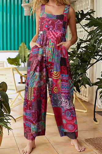 Casual Print Patchwork Pocket Boat Neck Jumpsuits