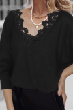 Casual Solid Lace Patchwork V Neck Tops