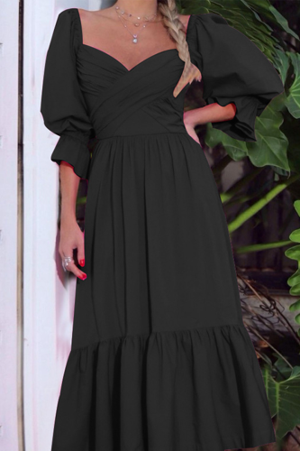 Casual Solid Patchwork Square Collar Waist Skirt Dresses